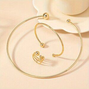 Necklace Ring Bracelet 3pc Set Ring Open Collar Choker Bangle Gold SImple Trendy